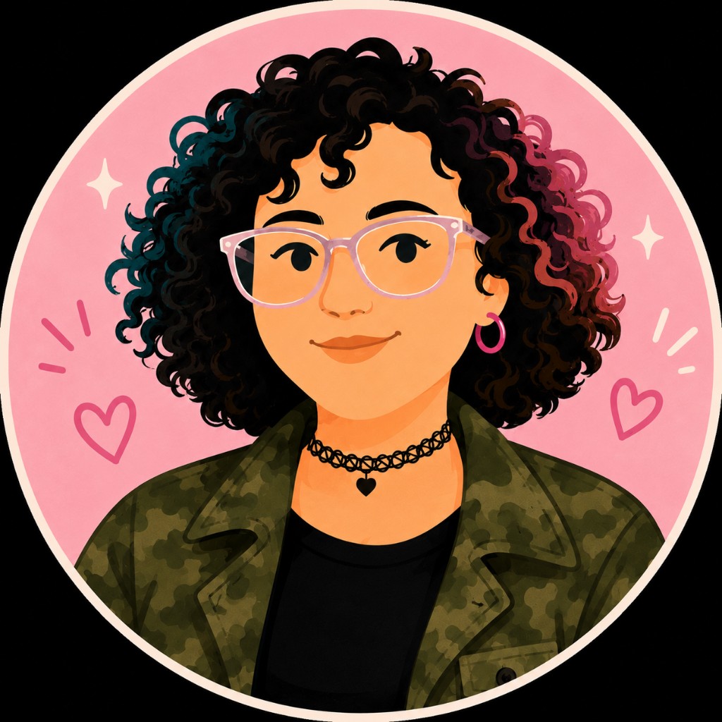 Illustrated portrait of Lucy Chapar with curly hair, pink glasses, and a friendly smile