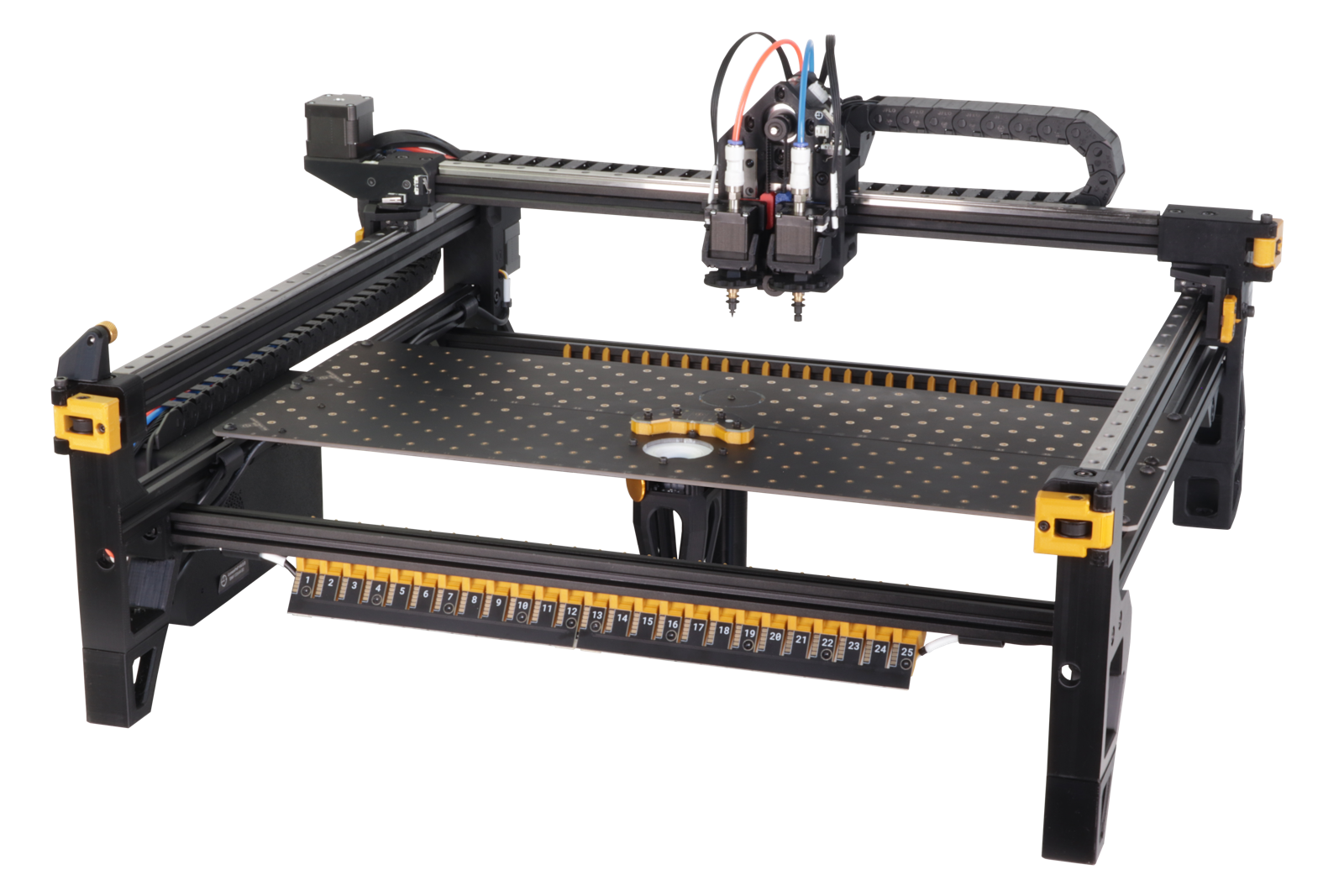 LumenPnP v4 open-source desktop pick-and-place machine on a workbench, isometric view
